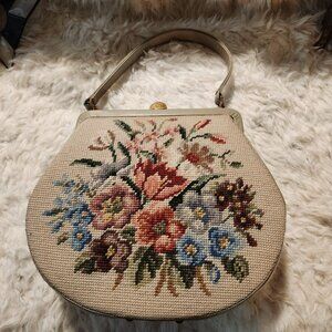 Vintage Floral Needlepoint Handbag Intricate Details MCM Cottage Fairy